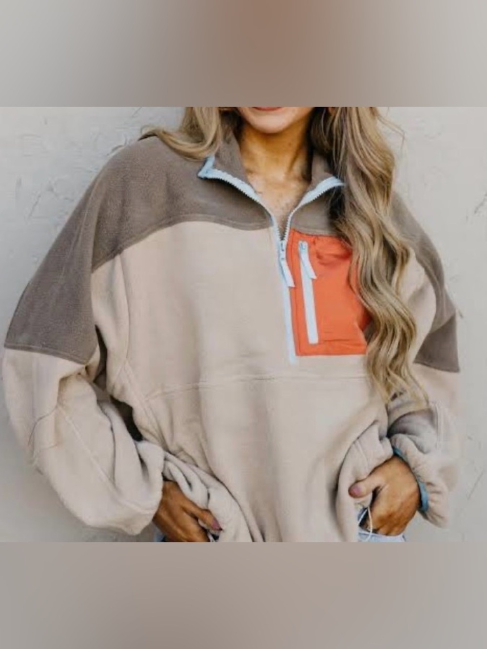 In Bloom Brown and Rust Quarter-Zip Fleece Pullover with Blue Trim